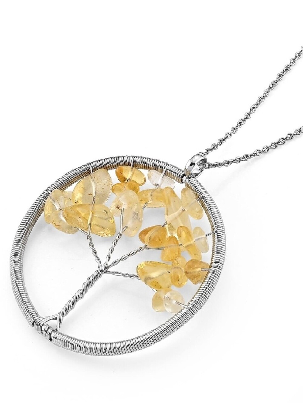 Austrian Yellow Crystal, 15 ctw, Tree of Life Pendant in Silver Tone Necklace